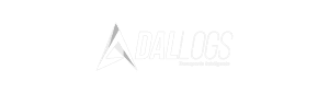Logotipo da Dallogs Transporte Inteligente em fundo transparente, com símbolo triangular cinza e o texto “Dallogs Transporte Inteligente” em branco.