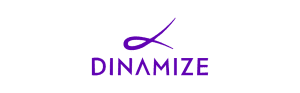 Logotipo roxo da Dinamize, empresa de marketing e e-mail marketing digital, com símbolo em laço estilizado acima do nome “DINAMIZE”, fundo transparente.